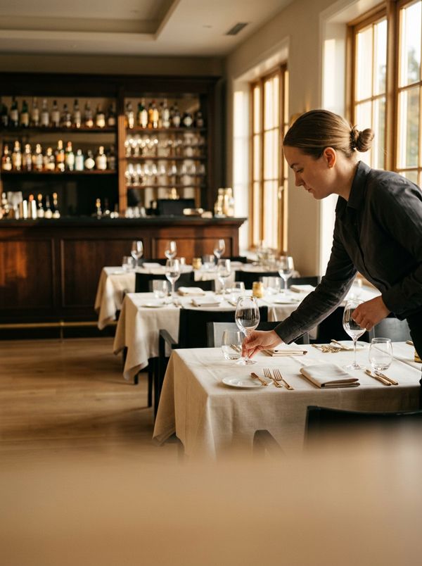 Servicekraft deckt im Restaurant einen Tisch ein, im Hintergrund die Theke