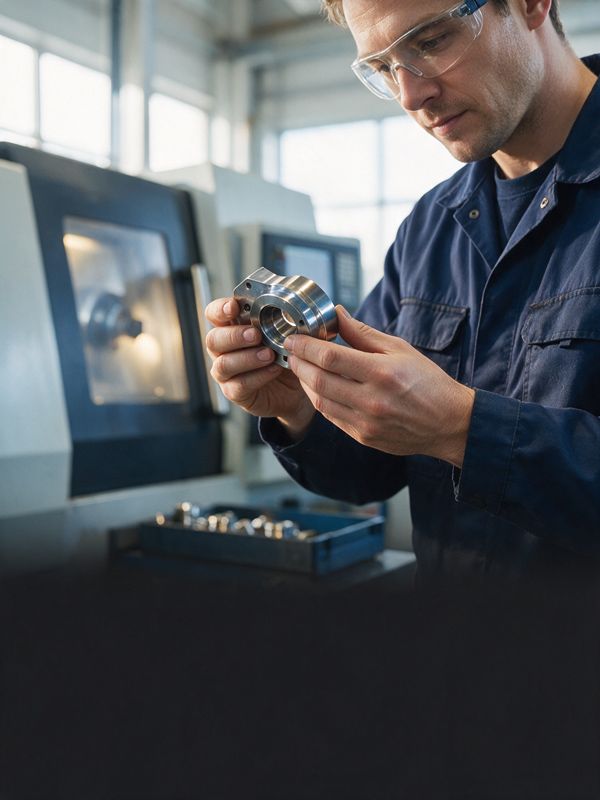 Facharbeiter mit Schutzbrille prüft ein Metallbauteil vor einer CNC-Maschine