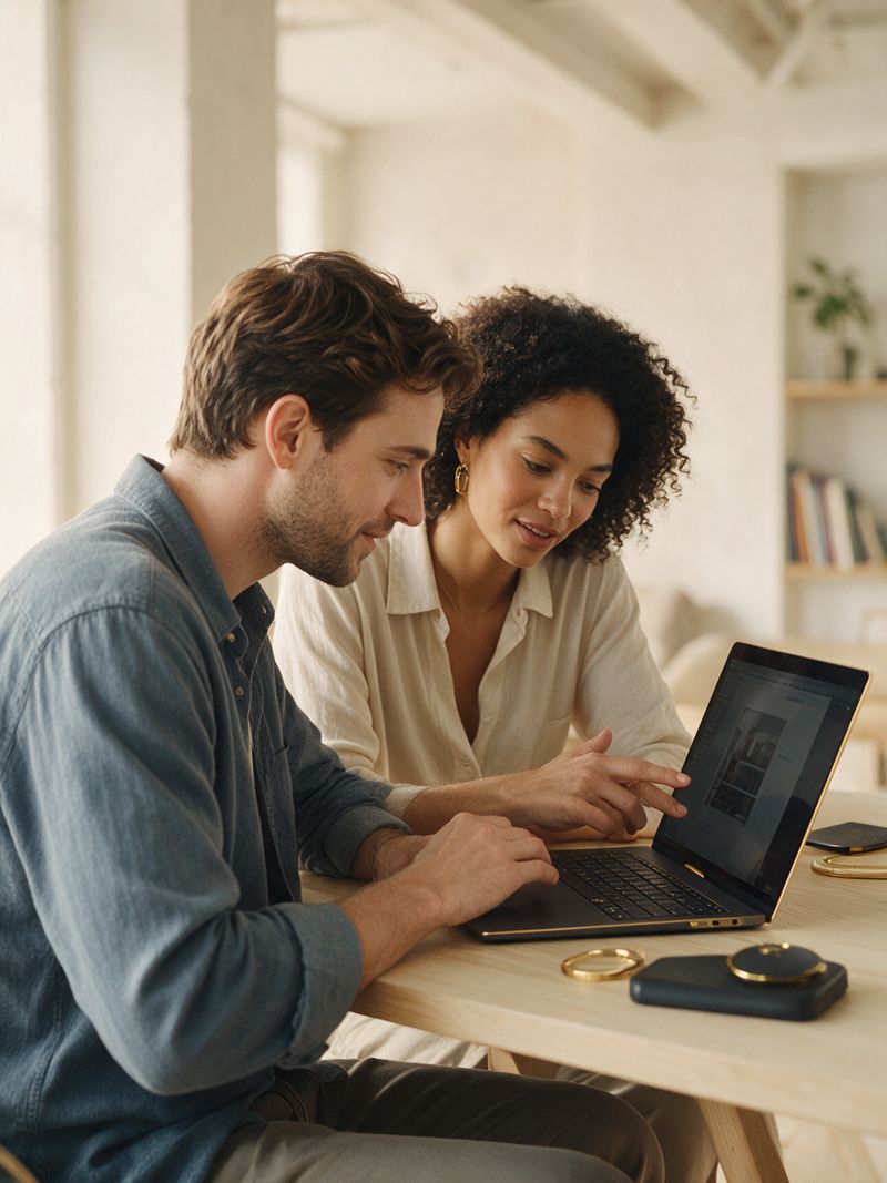 Zwei Personen sitzen am Holztisch, eine erklaert der anderen etwas am Laptop