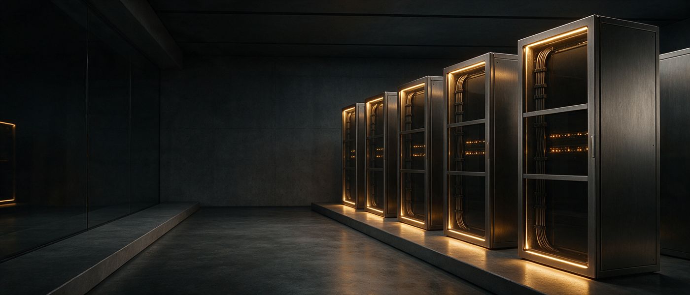 Reihe moderner Serverschraenke hinter Glas in einem dunklen Betonraum, warm in Gold ausgeleuchtet