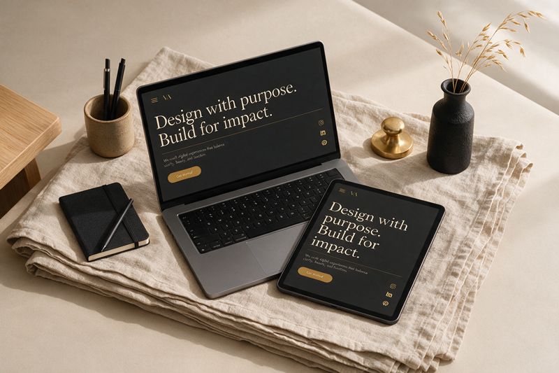 Laptop und Tablet auf Leinenstoff, beide zeigen denselben dunklen Website-Entwurf mit goldenen Akzenten