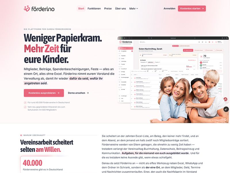 Startseite von förderino mit Produktansicht der Vereinsverwaltung
