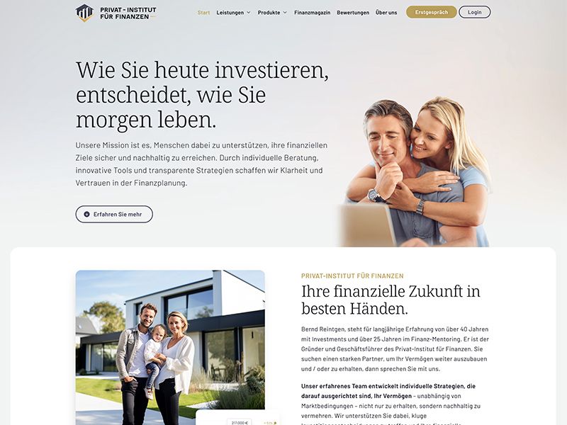 Startseite des Privat-Instituts für Finanzen mit Hero-Bereich und Beratungsabschnitt