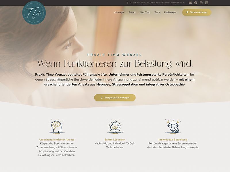 Startseite der Praxis Timo Wenzel mit Hero-Bereich und drei Leistungsbereichen